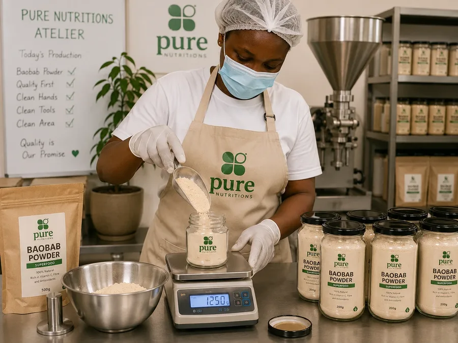 A team member scooping baobab powder into a glass jar on a scale