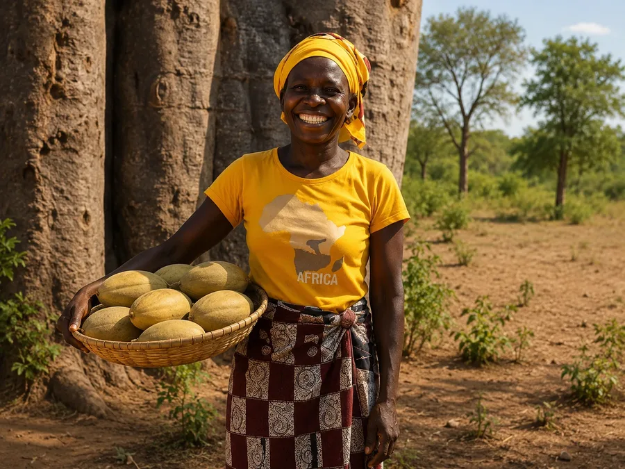 A woman holding a basket of baobab fruit in front of a baobab tree