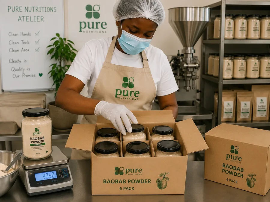 A team member packing baobab powder jars into a 6-pack box