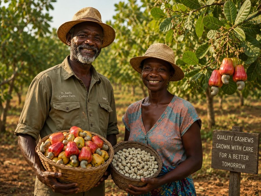 Smiling farmers holding baskets of cashew apples and cashew nuts in their orchard