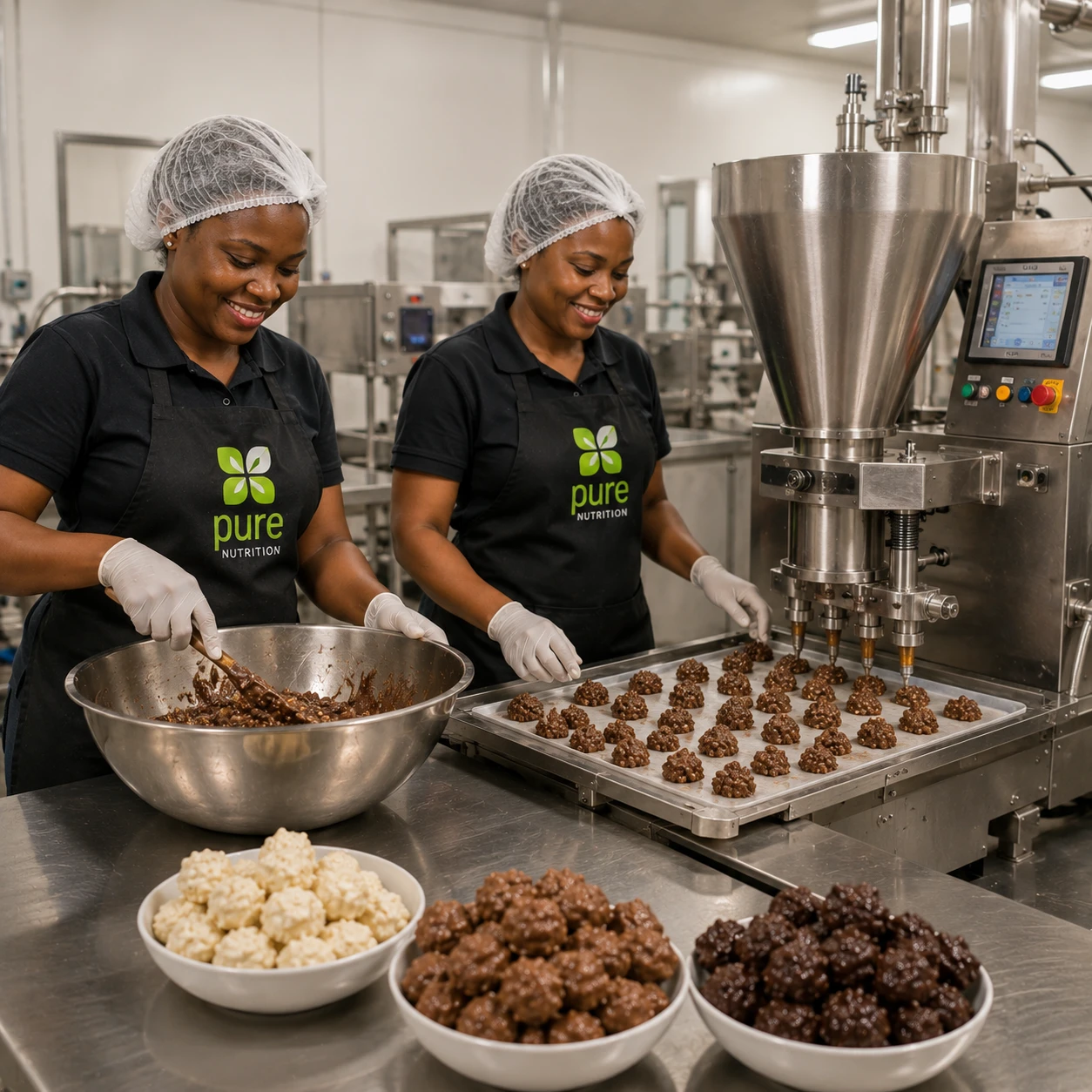 Two team members making clusters: mixing the chocolate mix and depositing it on a tray, with white, milk and dark clusters in bowls