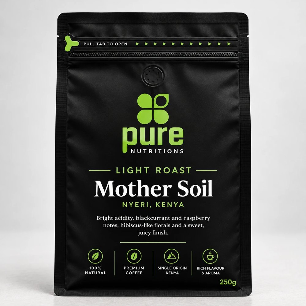 Pure Nutritions Mother Soil light roast coffee bag, Nyeri, Kenya, 250 g