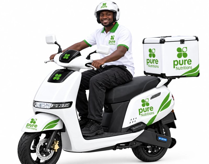 Pure Nutritions delivery rider on a branded scooter with a Pure Nutritions delivery box