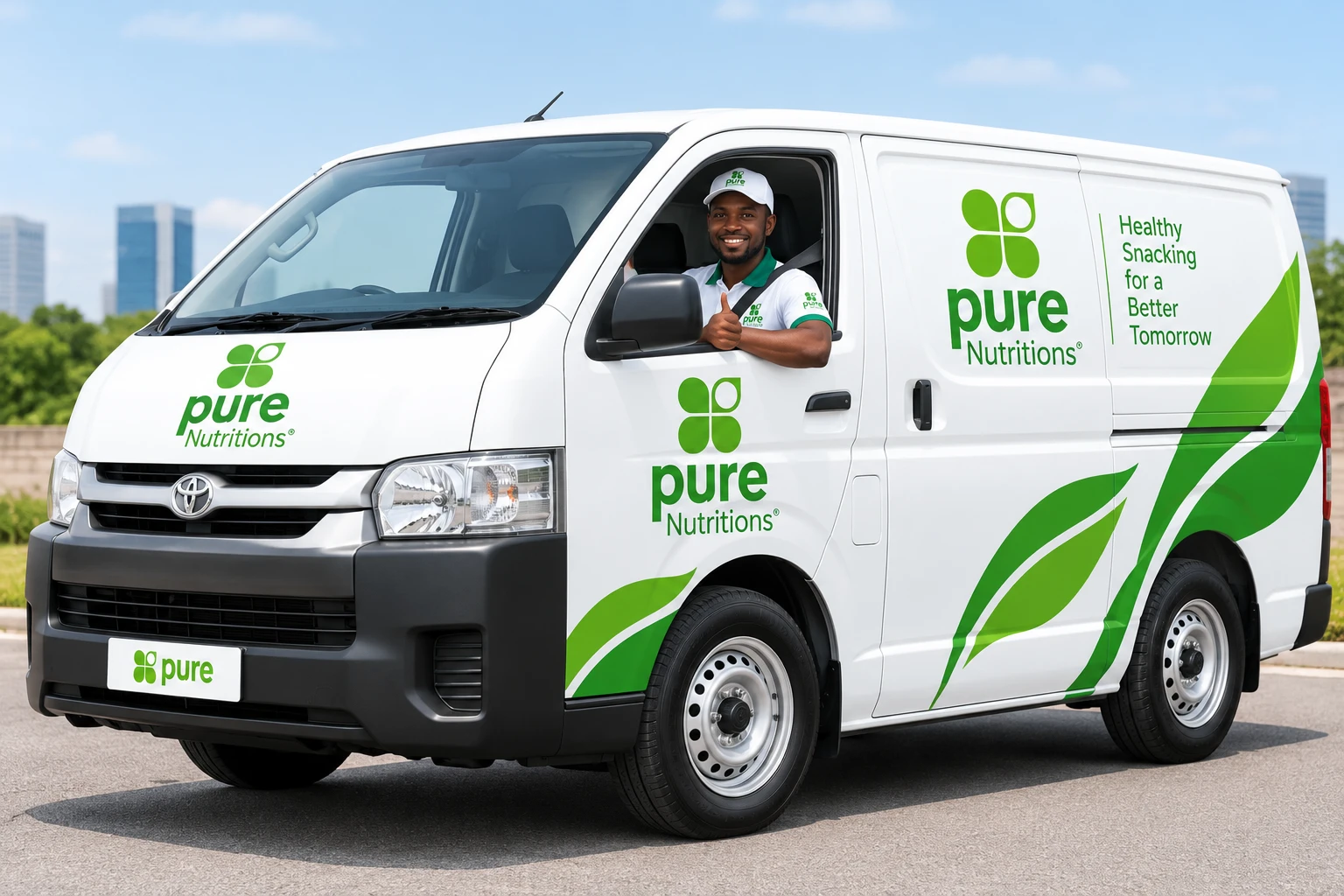 Pure Nutritions delivery van with the driver giving a thumbs up