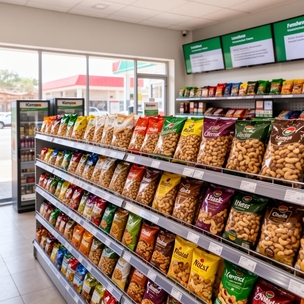 Shelves of nut snack bags in a RUBIS Enjoy store