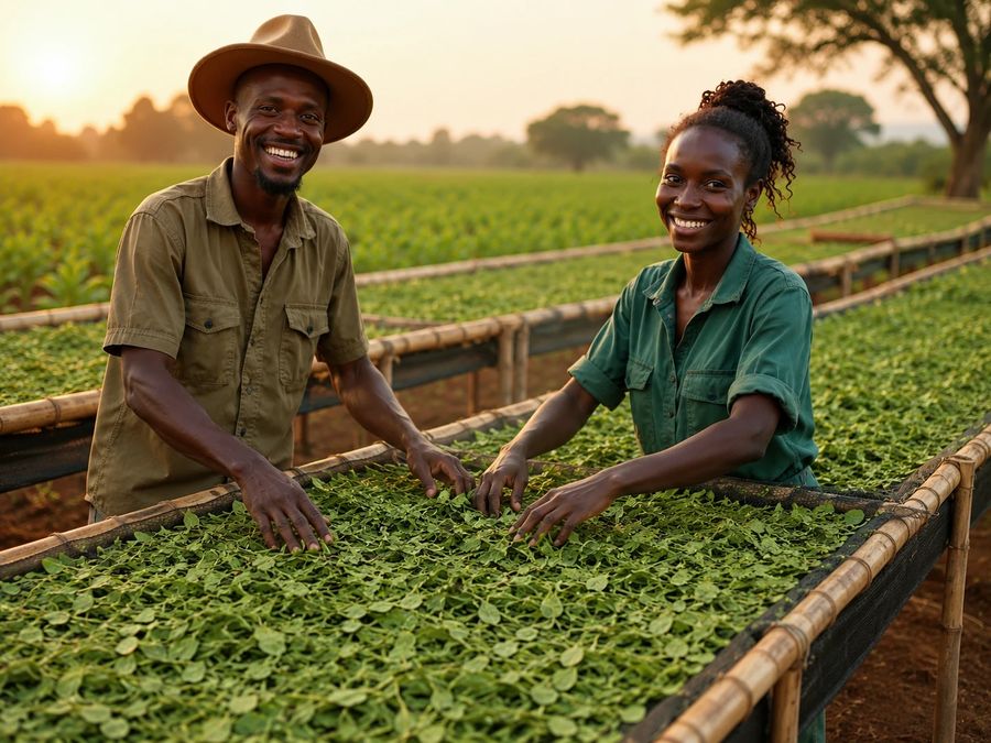Two smiling farmers spreading green crops on drying racks at sunset