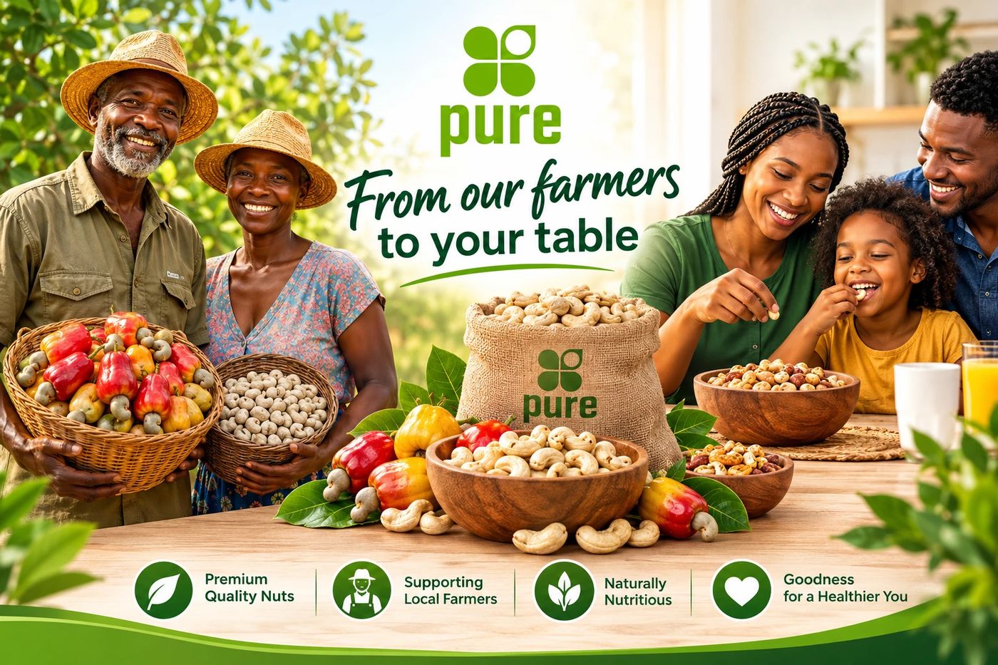From our farmers to your table: farmers holding baskets of cashew apples and cashew nuts, and a family enjoying Pure nuts at a table