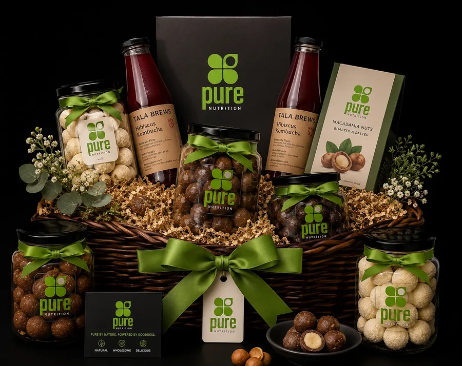 Pure gift basket size XL with macadamia jars, hibiscus kombucha and a gift card