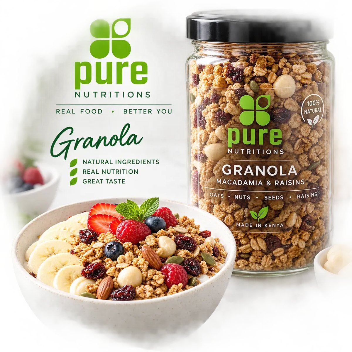 Pure Nutritions Granola, Macadamia and Raisins: the jar and a breakfast bowl with fruit, nuts and seeds