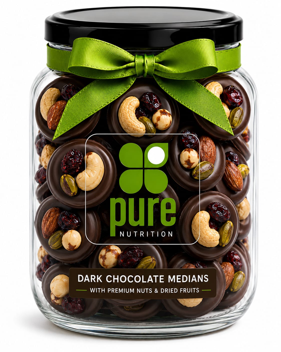 Mendiants Macadamia Dark Chocolate in a glass jar
