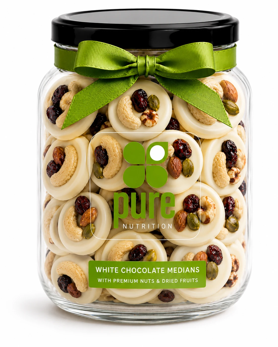 Mendiants Macadamia White Chocolate in a glass jar