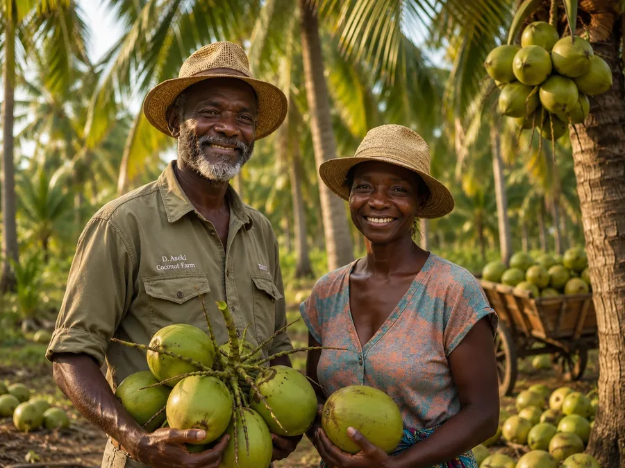 Two farmers holding green coconuts in a coconut grove