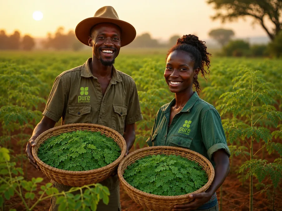Two farmers holding baskets of fresh moringa leaves in a moringa field