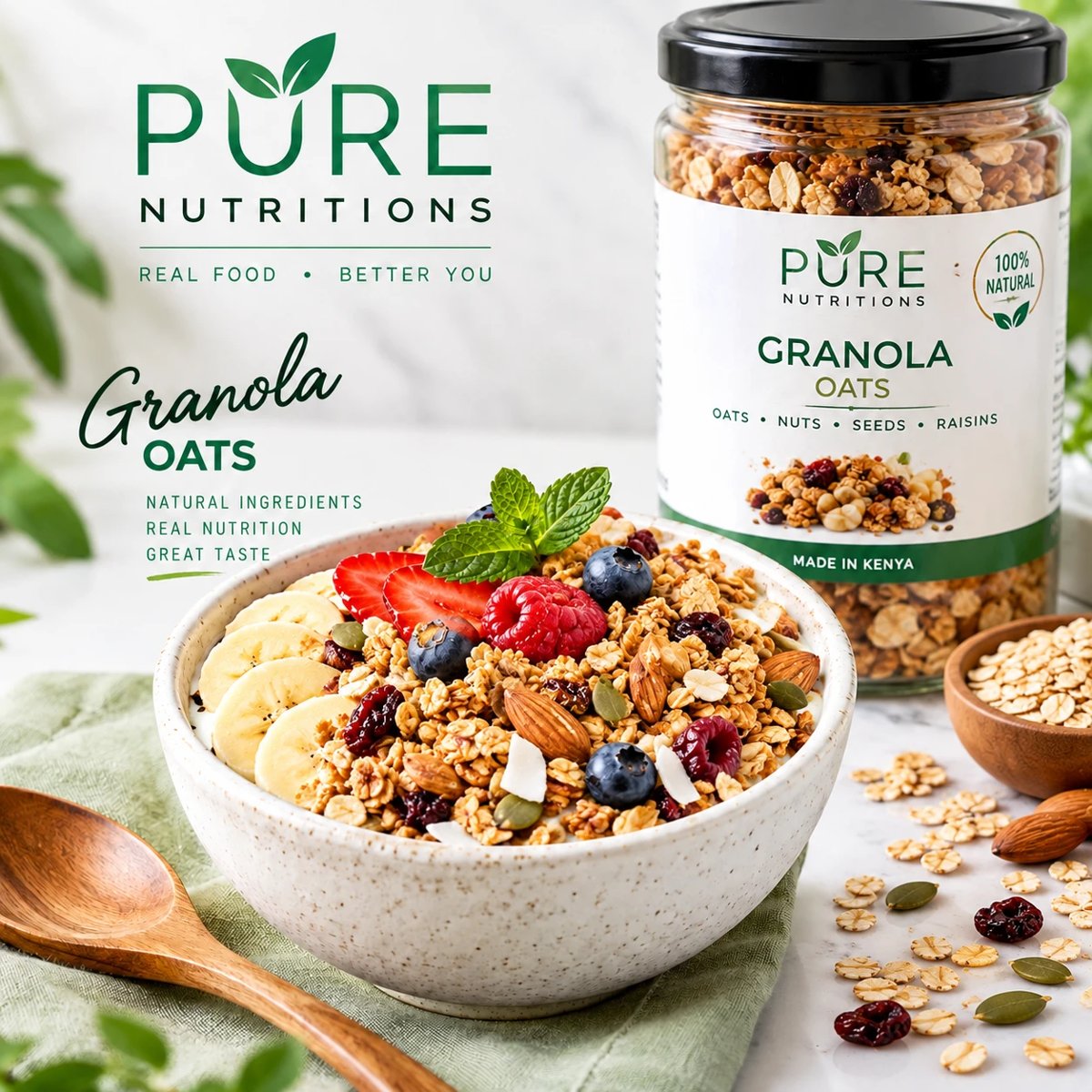 Pure Nutritions oats in a glass jar next to a breakfast bowl with fruit, nuts and seeds