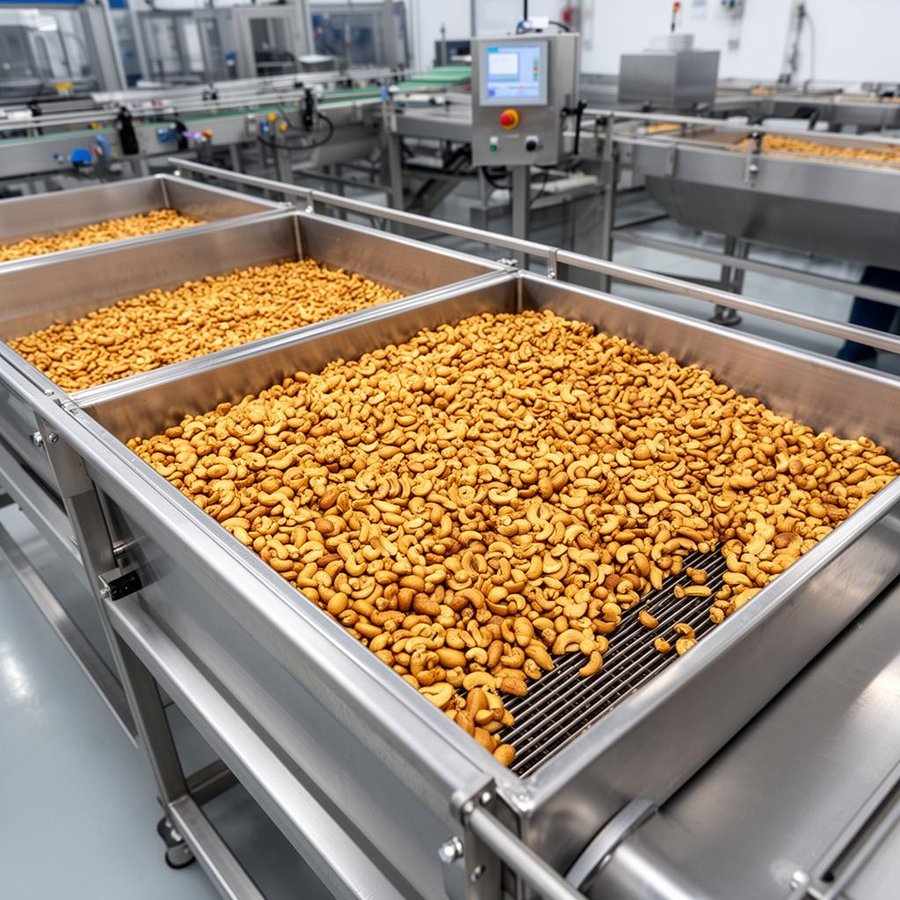 Roasted cashews cooling on stainless steel trays