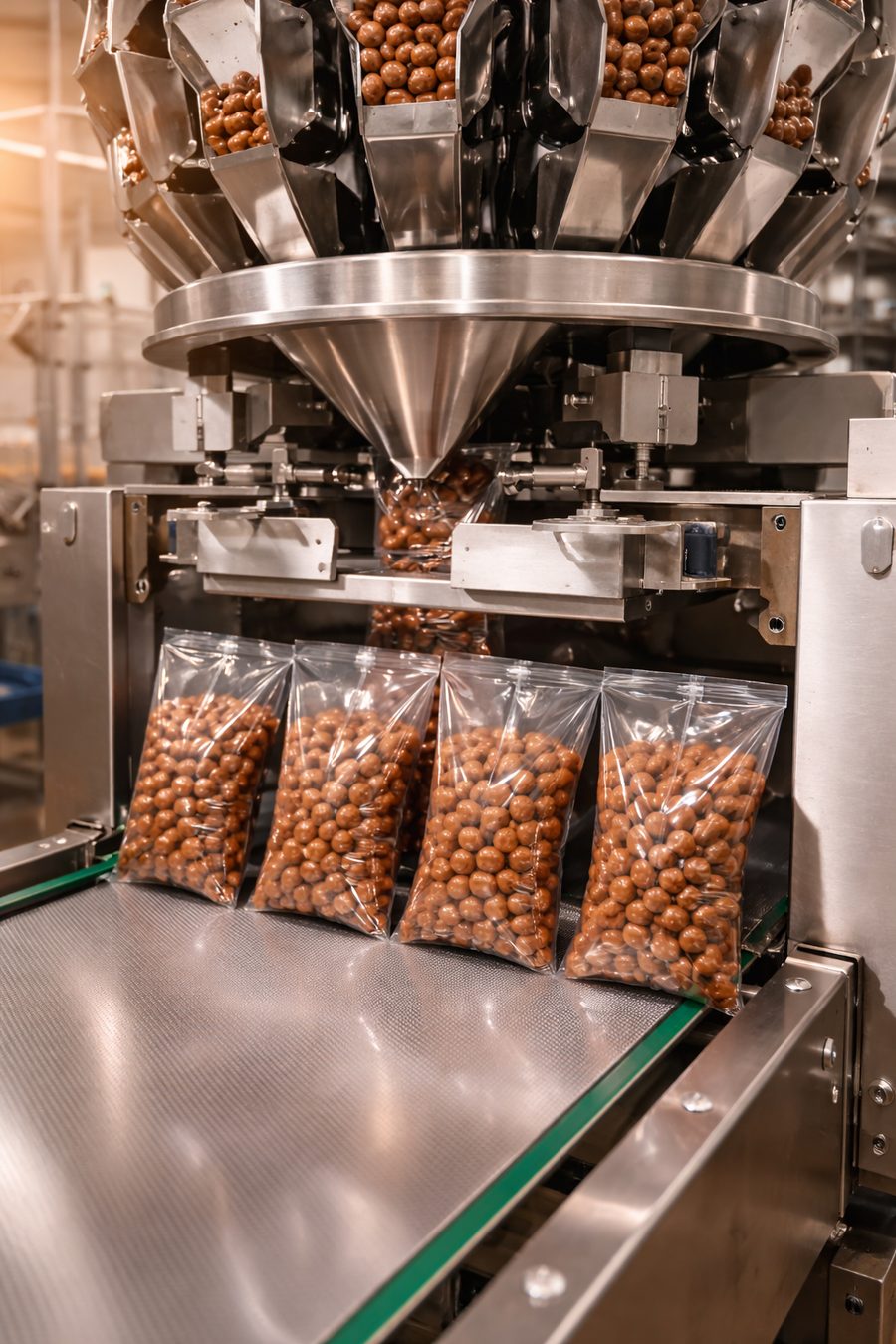 Machine dropping nuts into bags on the packing line