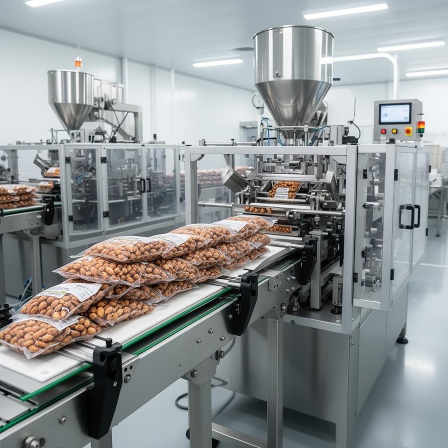 Packing line filling and sealing bags of roasted nuts