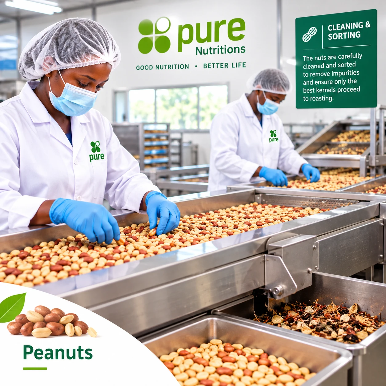 Team members in white coats, hairnets, masks and gloves cleaning and sorting peanuts by hand on stainless steel tables
