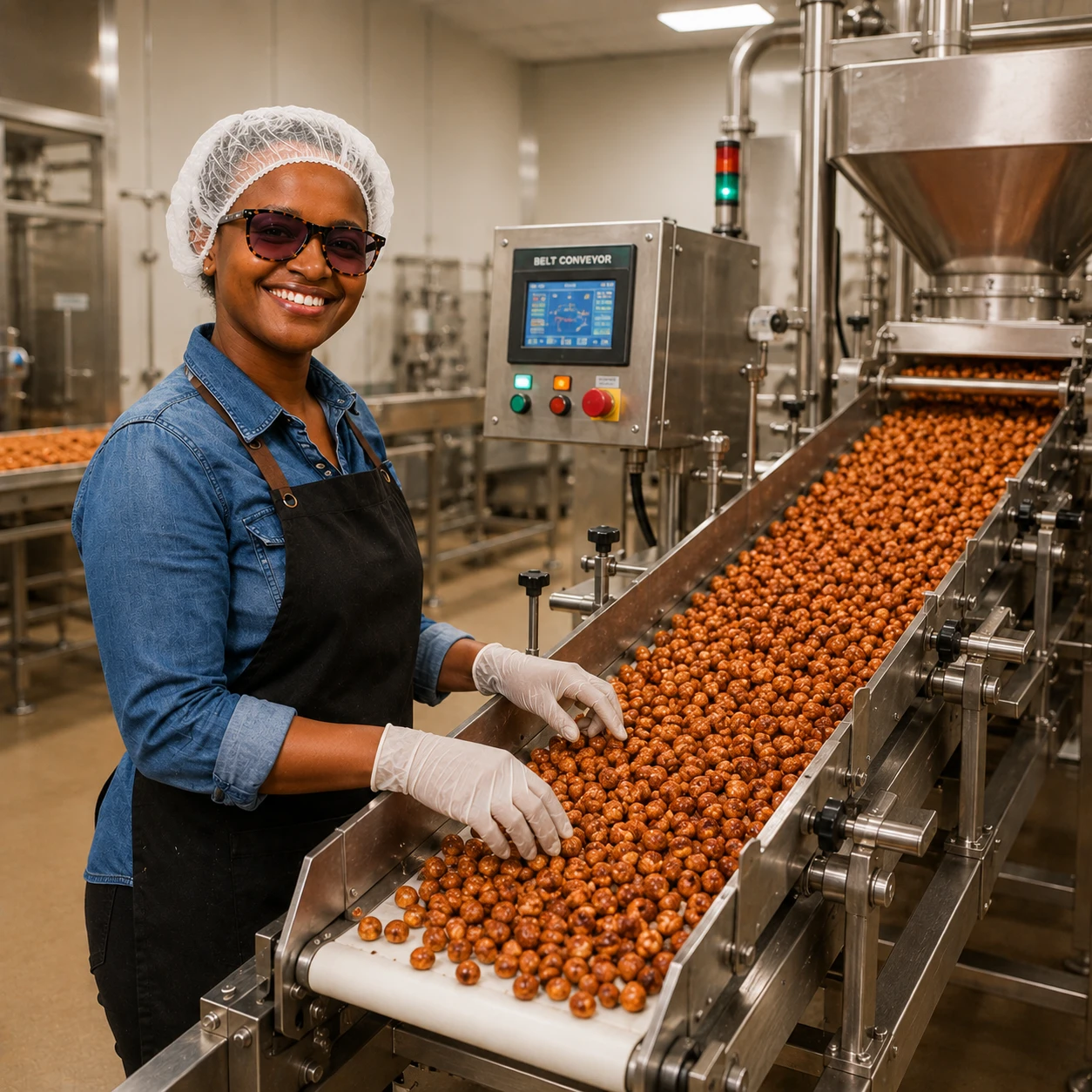 Nuts on the conveyor belt in our production room