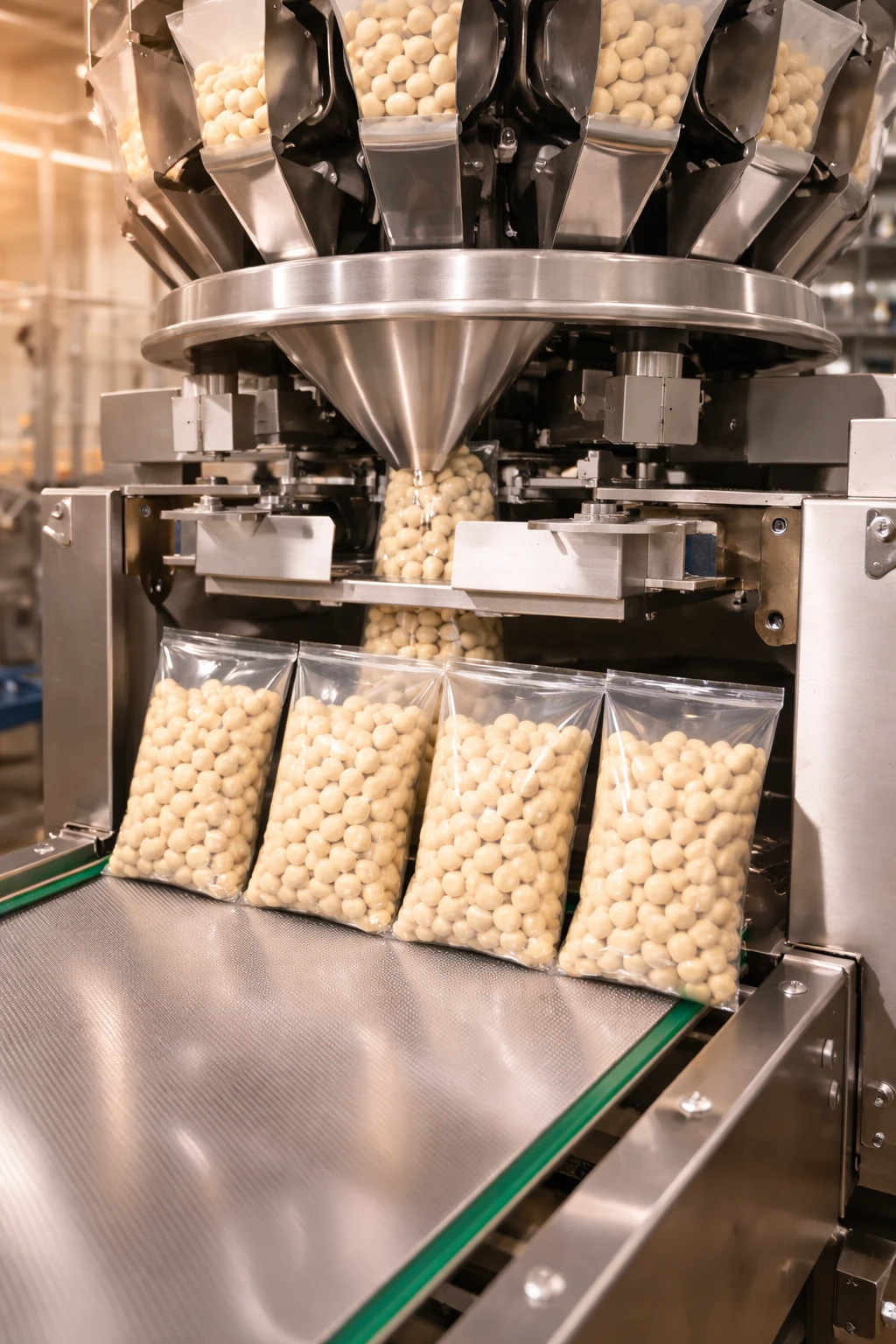Coated nuts being weighed and packed into bags