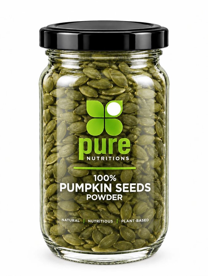 Pure Nutritions pumpkin seeds in a glass jar