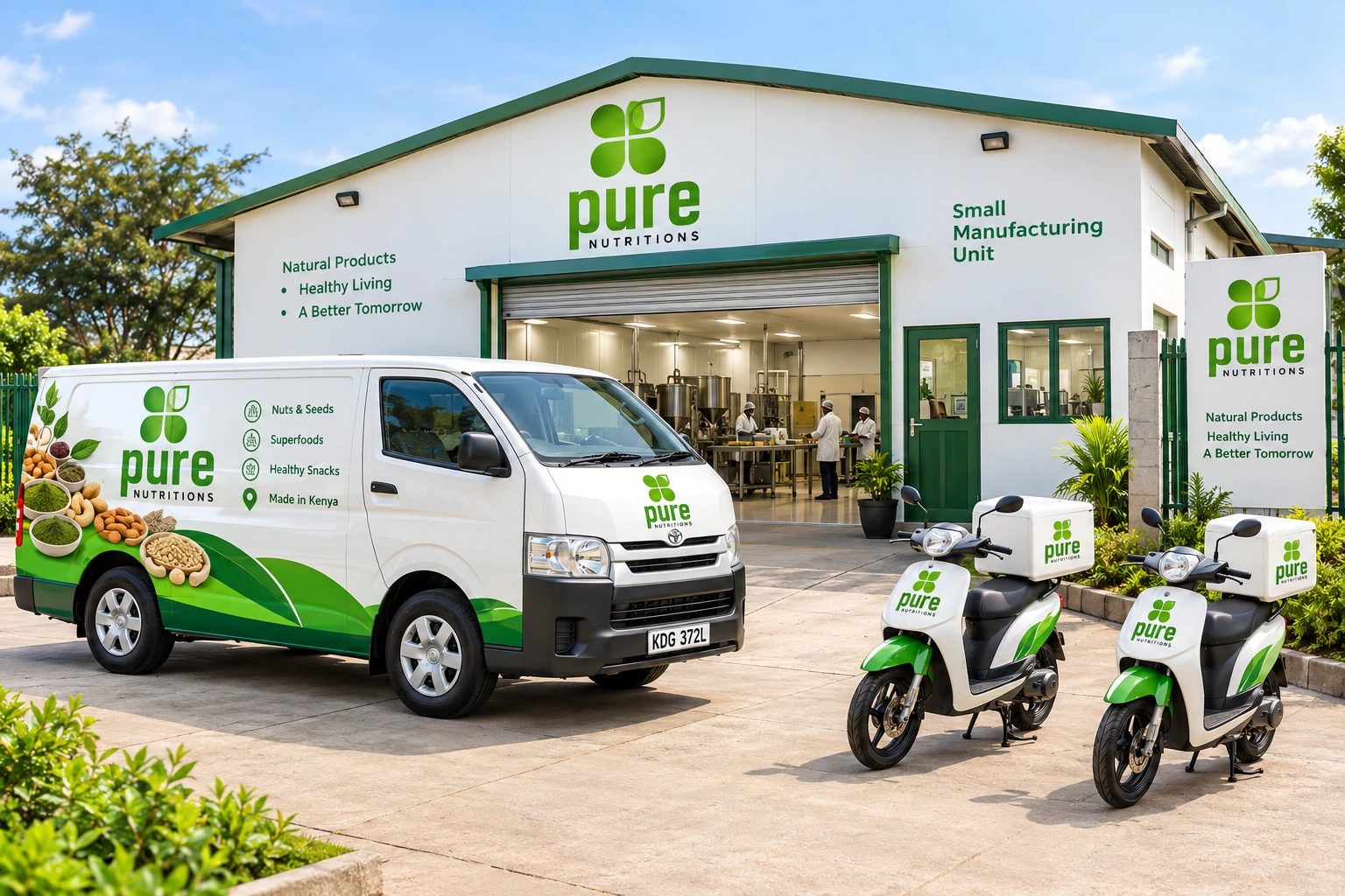 The Pure Nutritions manufacturing unit with delivery van and scooters