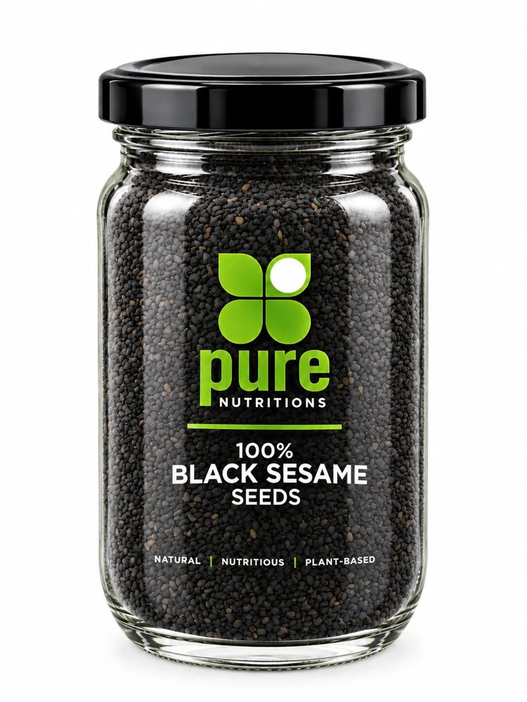 Pure Nutritions 100% Black Sesame Seeds in a glass jar