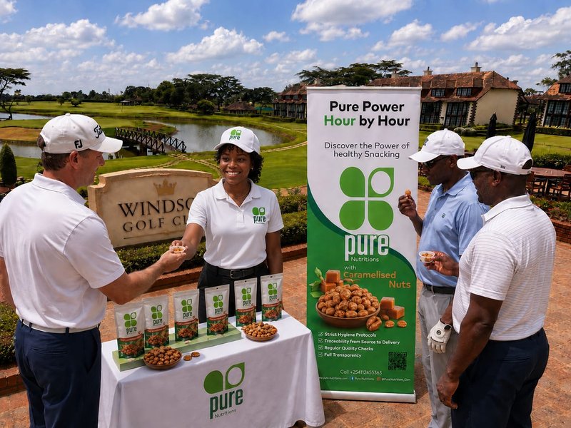 Caroline Karanja, Sales Representative, offering Pure Nutritions caramelised nuts at a golf club tasting stand