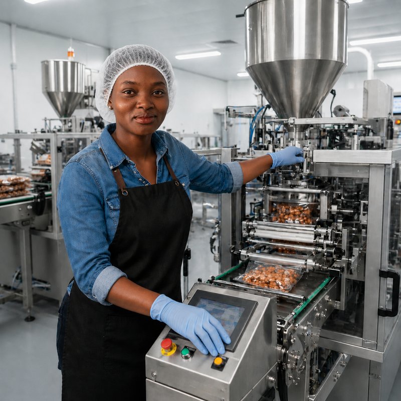 Pure Nutritions team member operating the packaging machine