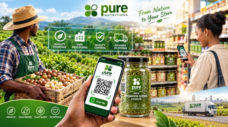 Pure Nutritions: quality sourcing, safe processing, quality control and delivery to stores, with a QR code being scanned on a jar of pumpkin seeds